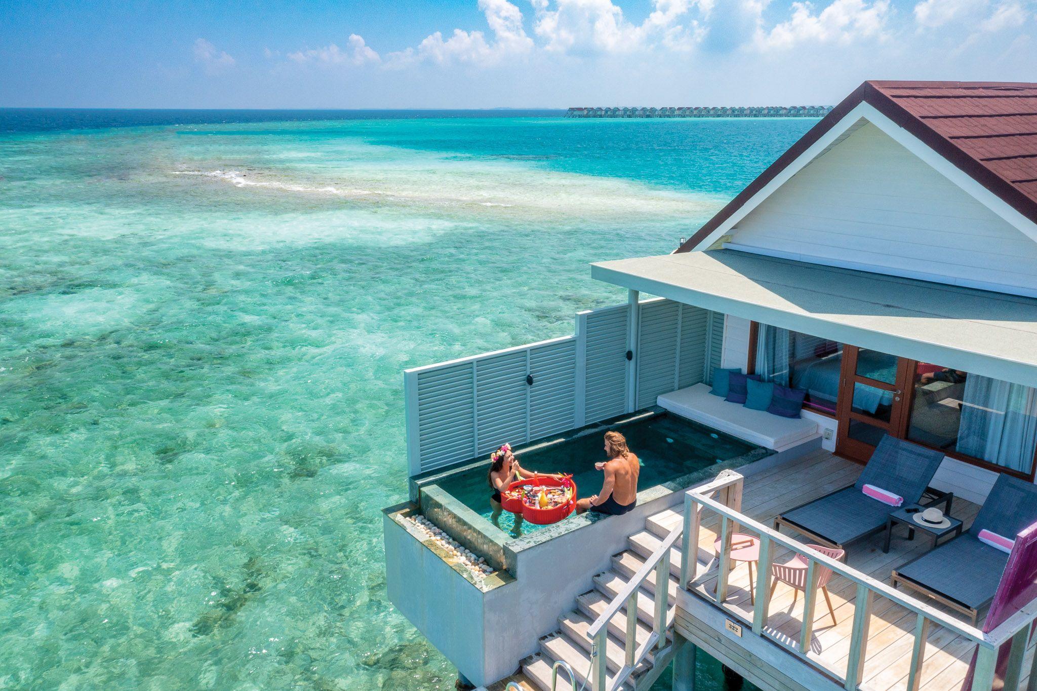 OBLU SELECT Lobigili - Accommodation - Villas - Water Villas - Aerial WVP - Floating Breakfast.jpg