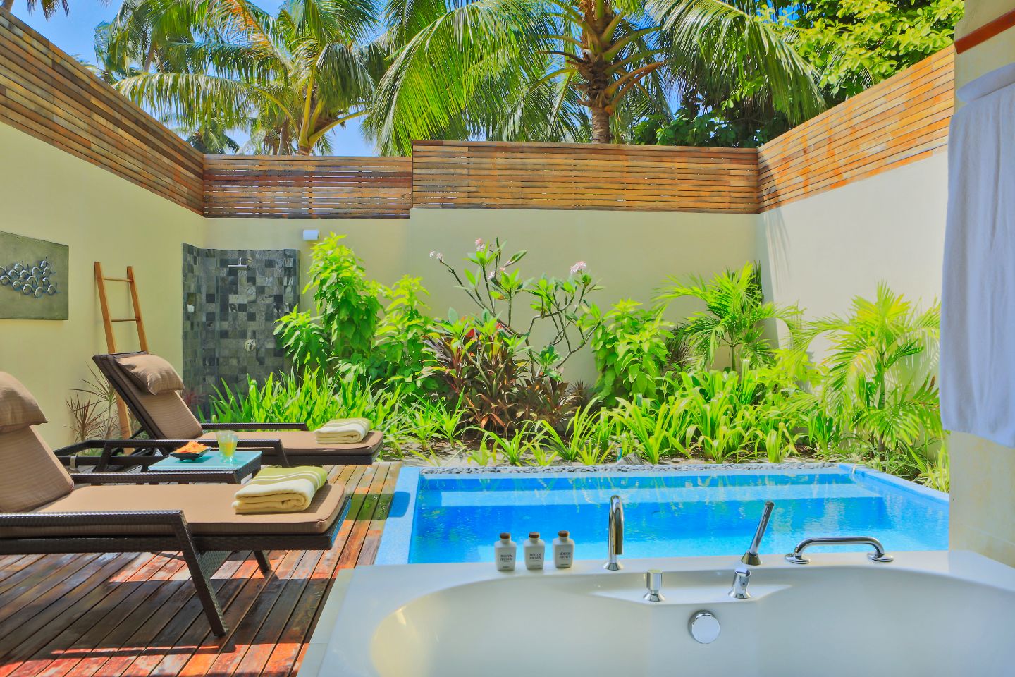 The private pool patio area of the Garden Pool Villa at Kurumba Maldives.